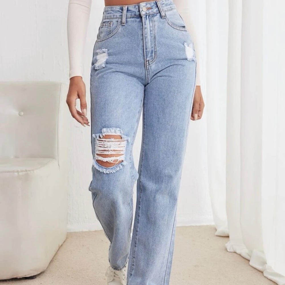 high waist ripped straight leg jeans